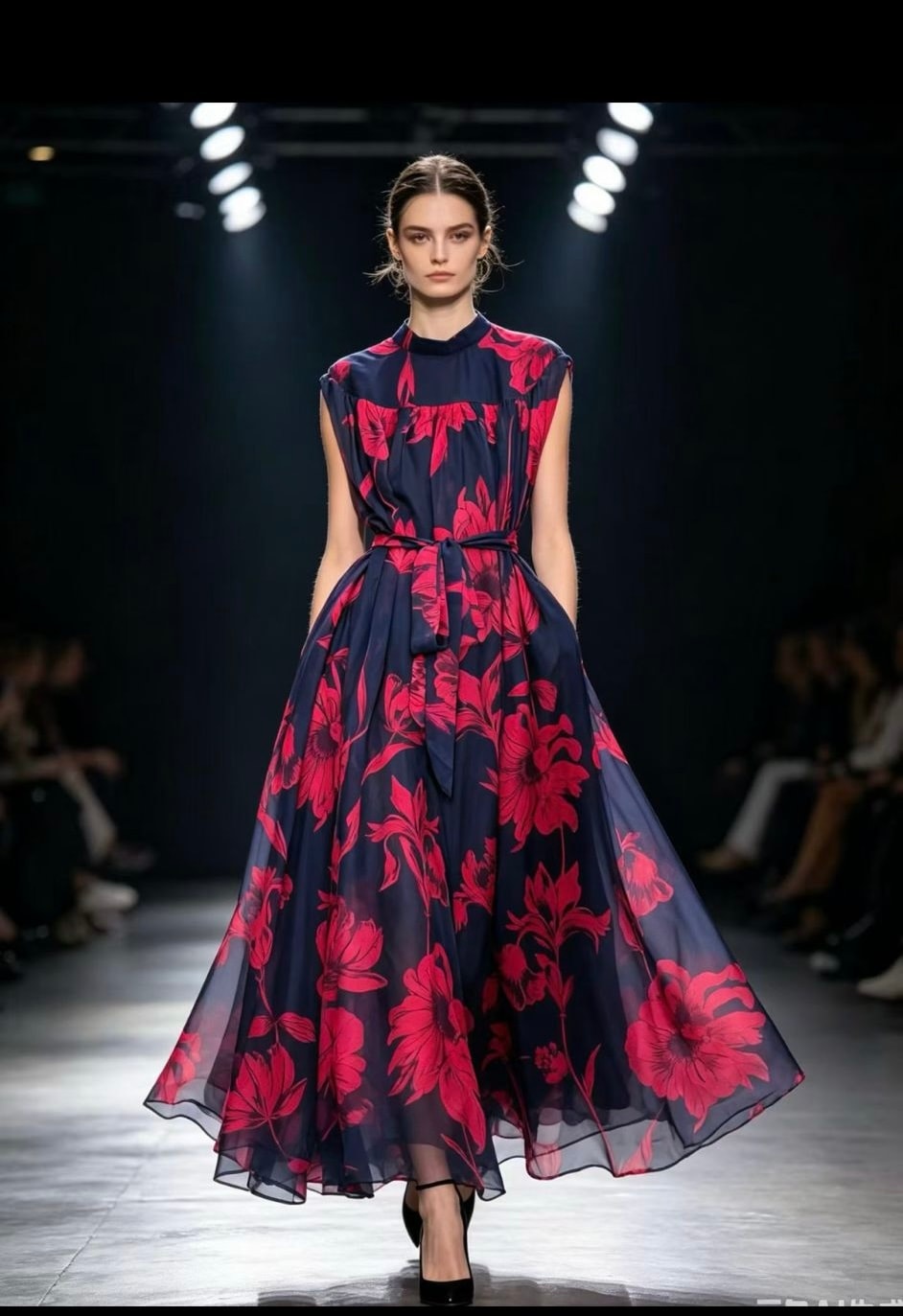 A navy runway dress with vivid red florals and a softly flowing skirt